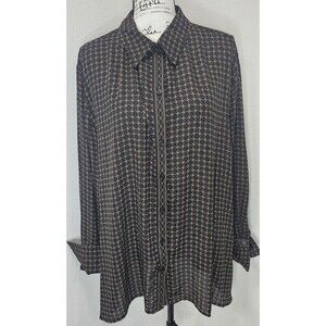 Max Studio Black Vicuna Diamond Chain Tile Button Down Long Sleeve Blouse 3X NWT